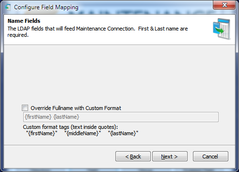 Configure Field Mapping Name Fields Screen